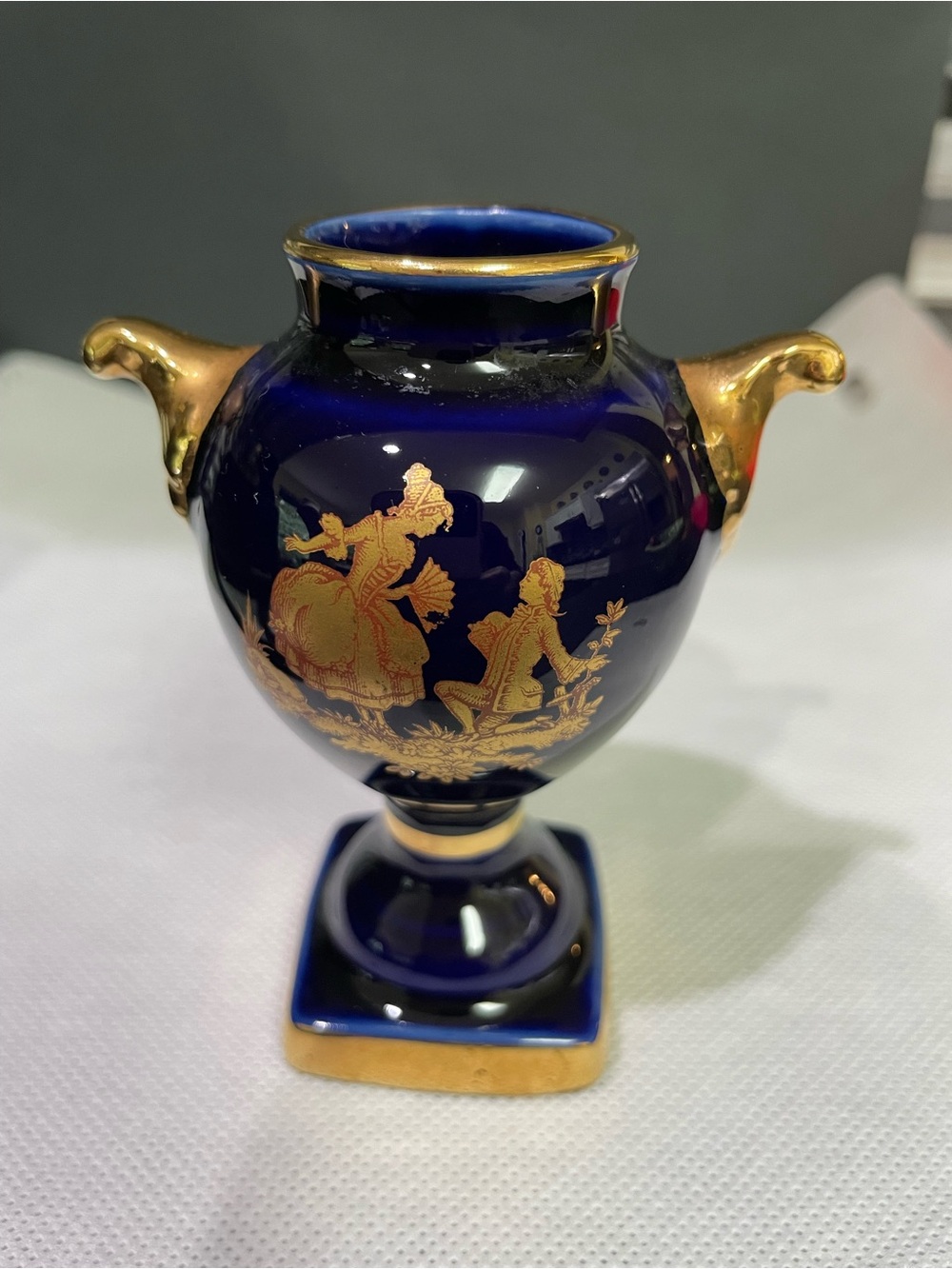 Limoges France Miniature Cobalt Blue Porcelain‎ Vase Gold Gilt Scene 4”